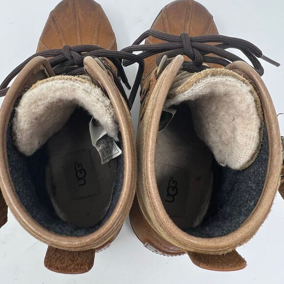 UGG Womens Waterproof Duck Boots 8.5 Brown Leather Suede Shearling Lace Up Warm - Picture 8 of 13